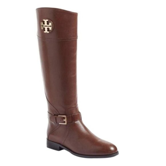 New! Tory Burch Adeline Tall Riding Boots Logo Buckle Brown Size